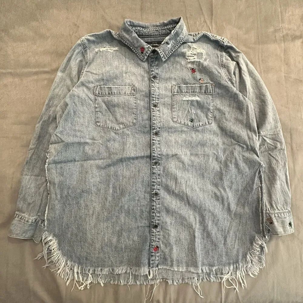 Lucky Brand Shirt Women's XL Long Sleeve Distressed Denim Embroidered Lady Bug